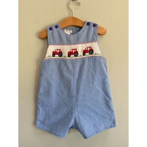 Rare Petit Ami Gingham Check Tractor Smocked Boys Overalls Romper 2T